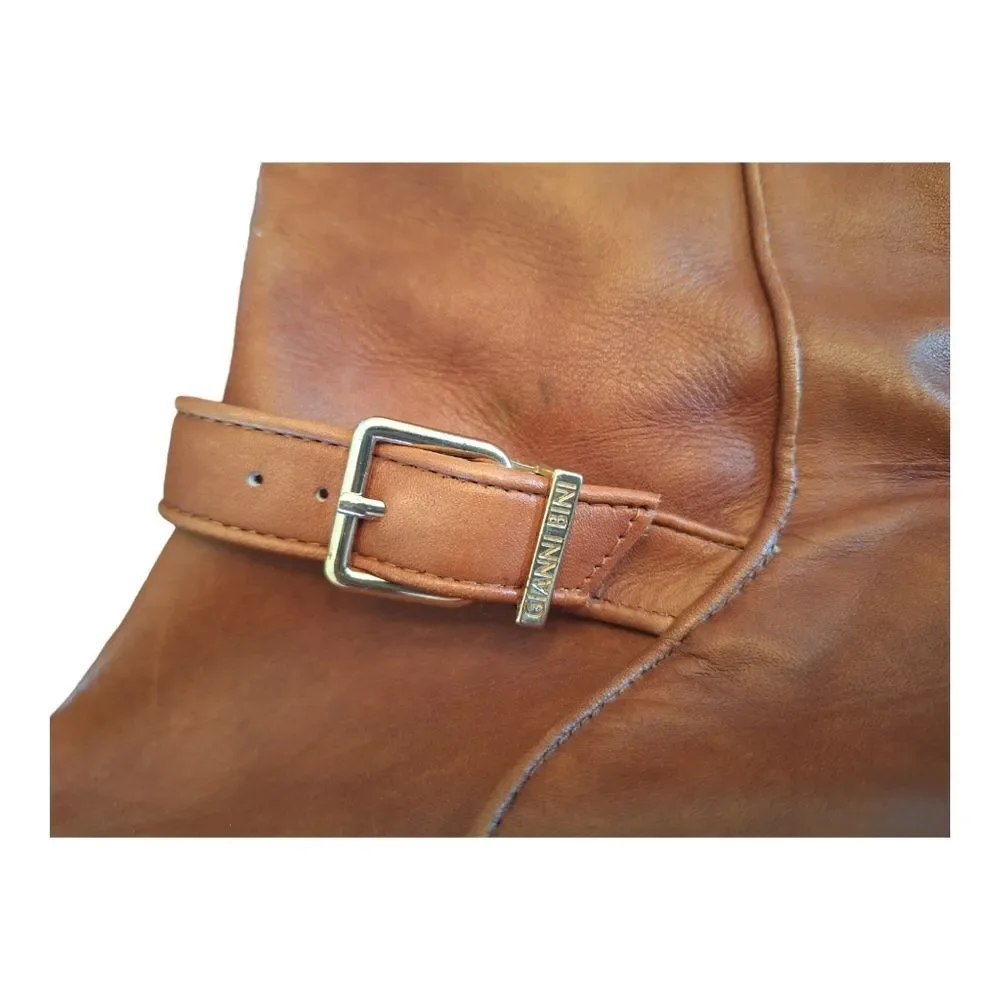 Gianni Bini Leather Knee High Riding Boots Cognac Brown Gold Buckles women's 6M
